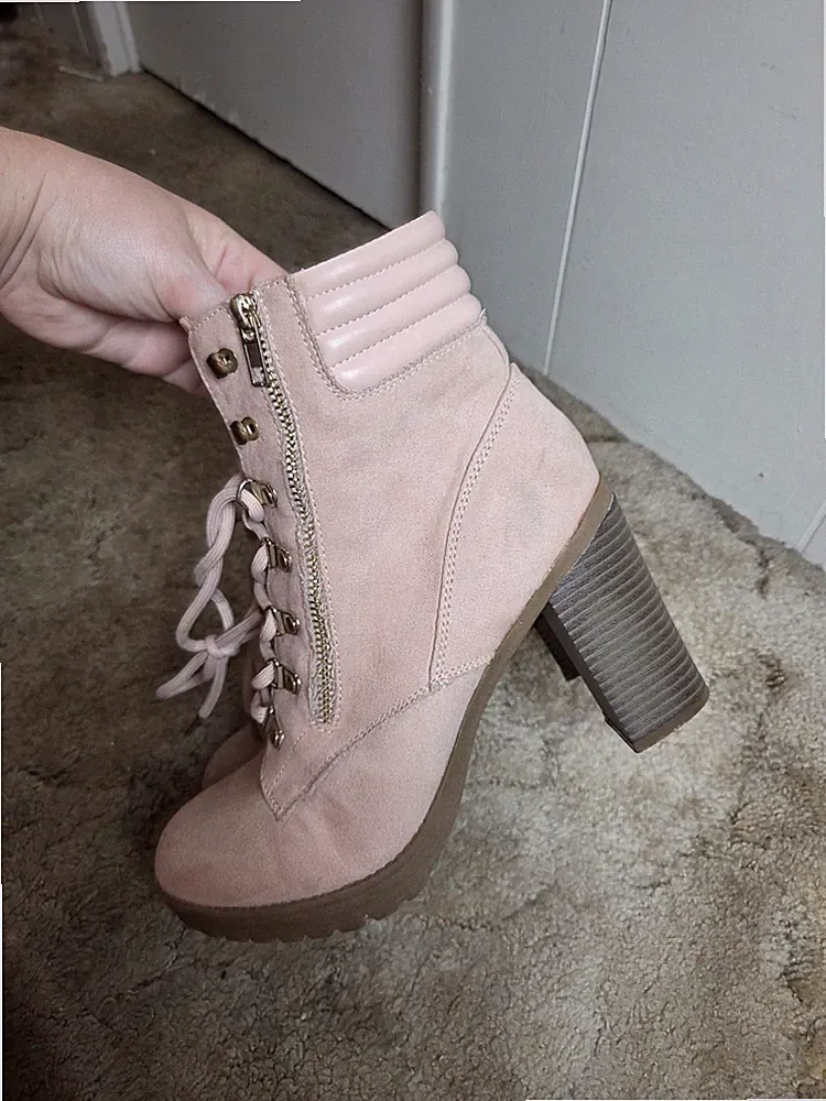 Women's Pink Suede Ankle Combat Boots Lace Up Zipper Solid Round Toe Size 10