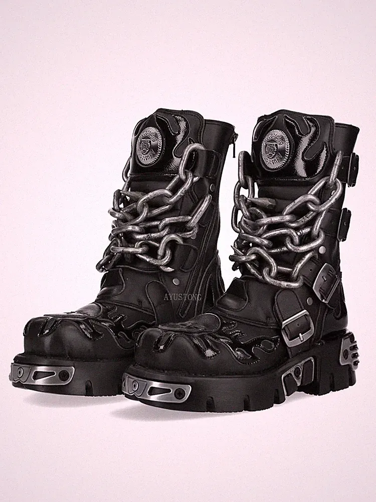 Women's Punk Chain Rivet Belt Buckle Motorcycle Boots round Toe Fashion Platform