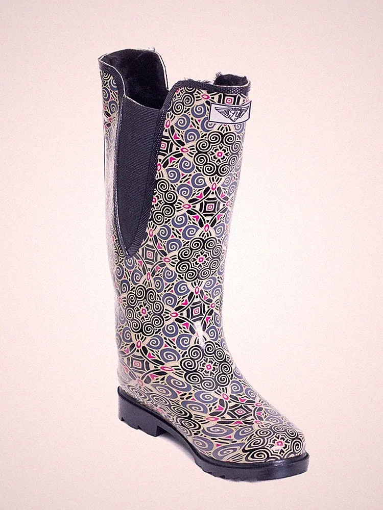 Women's Rain Boots Size 6 Tall Waterproof Patterned Rubber Lined Boots, NEW