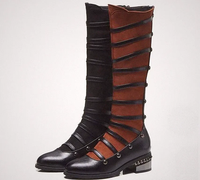 Women's Round Toe Back Zip Knight Knee High Boots Low Heels Casual Outdoor Shoes
