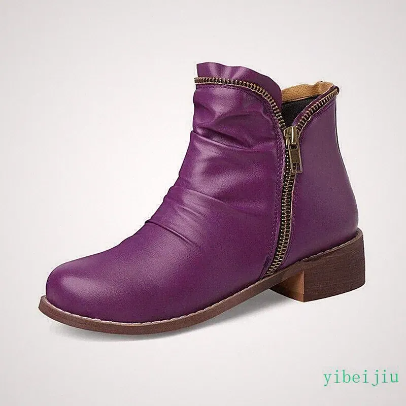 Women's Round Toe Low Heel Zipper Short Ankle Boots Vintage Pleated Large Size