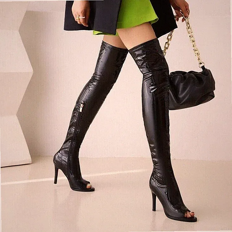 Women's Shoes Side Zip Over the Knee Boots Open Toe Stilettos Stretch High Heels