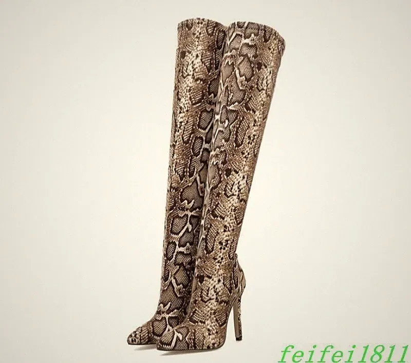Women's Snake Print Over The Knee Boots High Heels Pointed Toe Casual Club Shoes