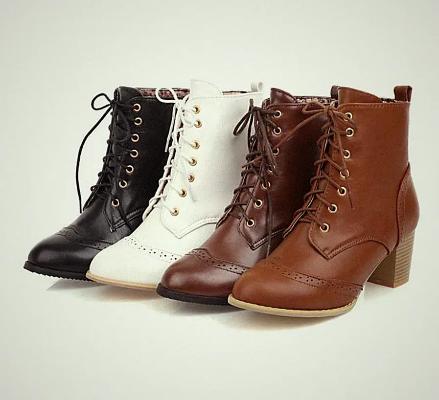 Women's Wing Tip Ankle Boots Round Toe Shoes Lace Up Mid Block Heels Fashion OL