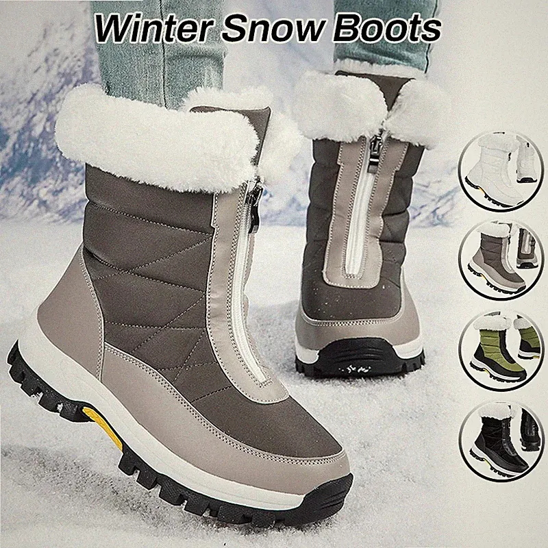 Women's Winter Front Zip Snow Boots Plush Lined Non-Slip Ski Outdoor Boots