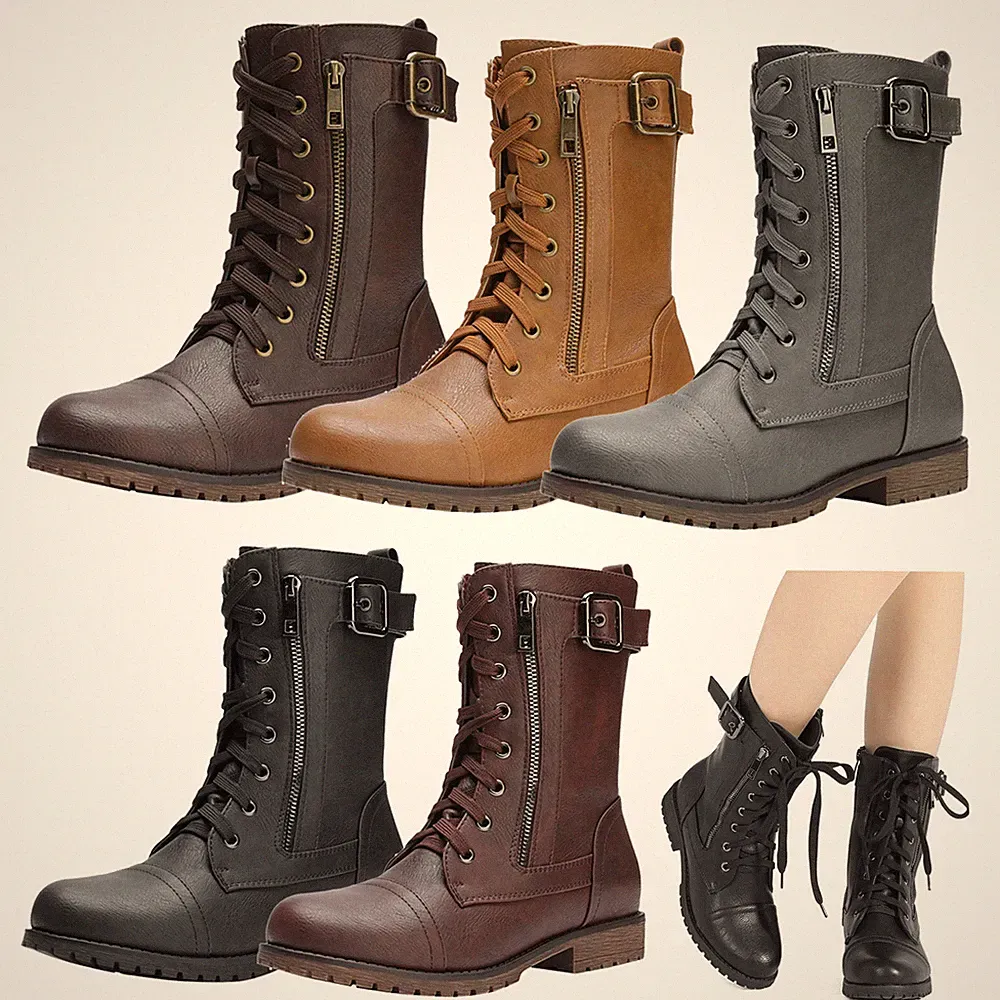 Women Winter Lace Up Military Combat Mid Calf Boots Shoes Size US