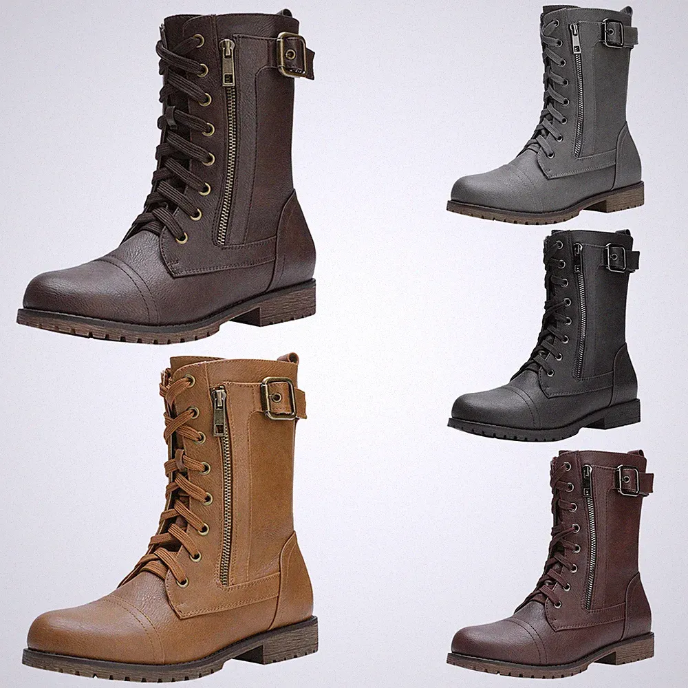 Women Winter Mid Calf Lace Up Military Combat Boots