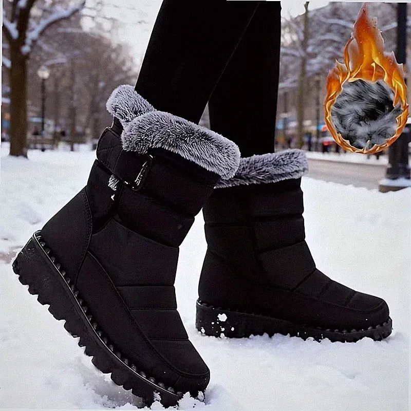 Women Winter Snow Boots Warm Fur Lined Outdoor Hiking Shoes Solid Color