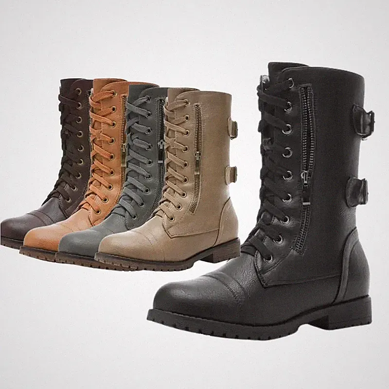 Womens Combat Motorcycle Boots Warm Zip Mid Calf Winter Biker Boots