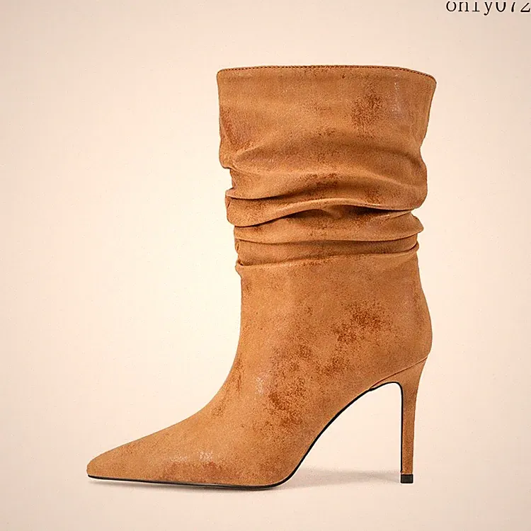 Womens Faux Suede Pointed Toe High Stiletto Heel Ankle Boots Casual Slouch Party