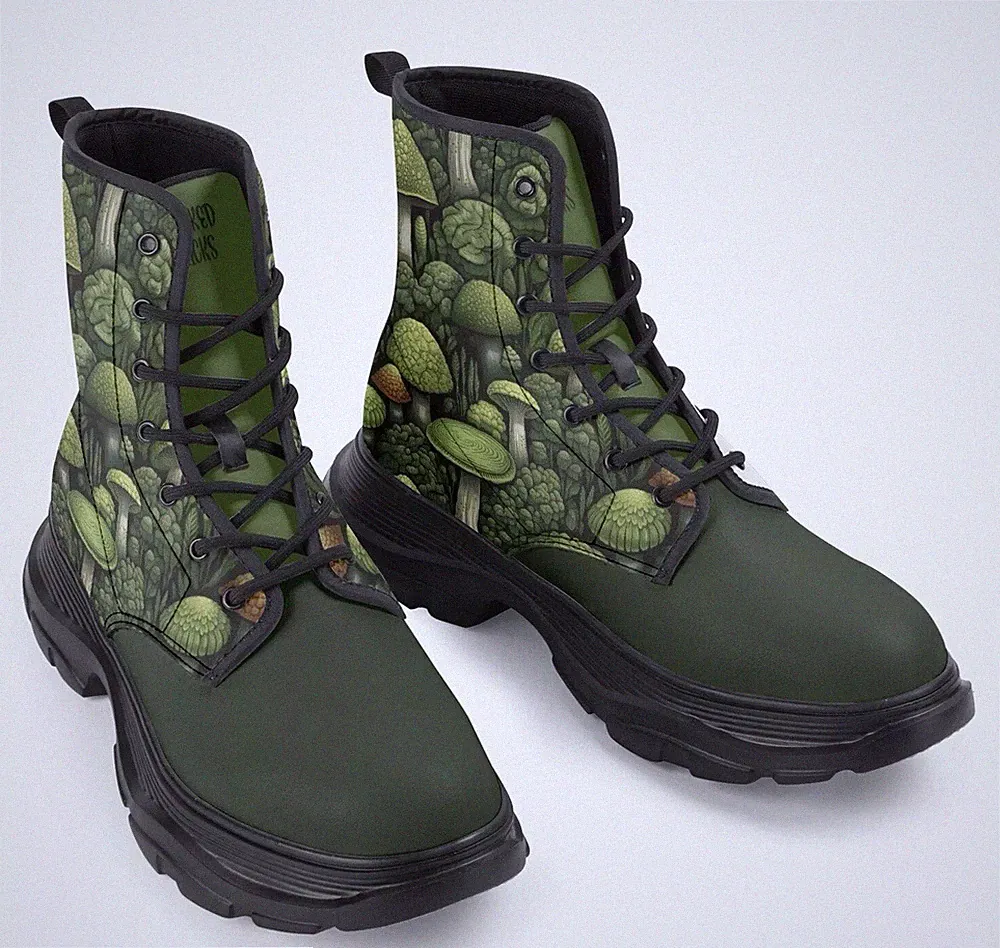 Womens Forest Green Mushroom Print Boots Winter Hiking Fungus Fungi Forest