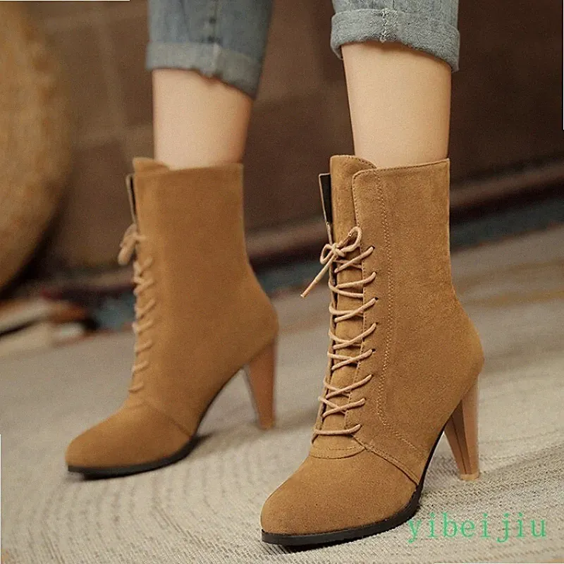 Womens High Cone Heel Lace Up Ankle Boots Suede Shoes Classic Casual Fashion
