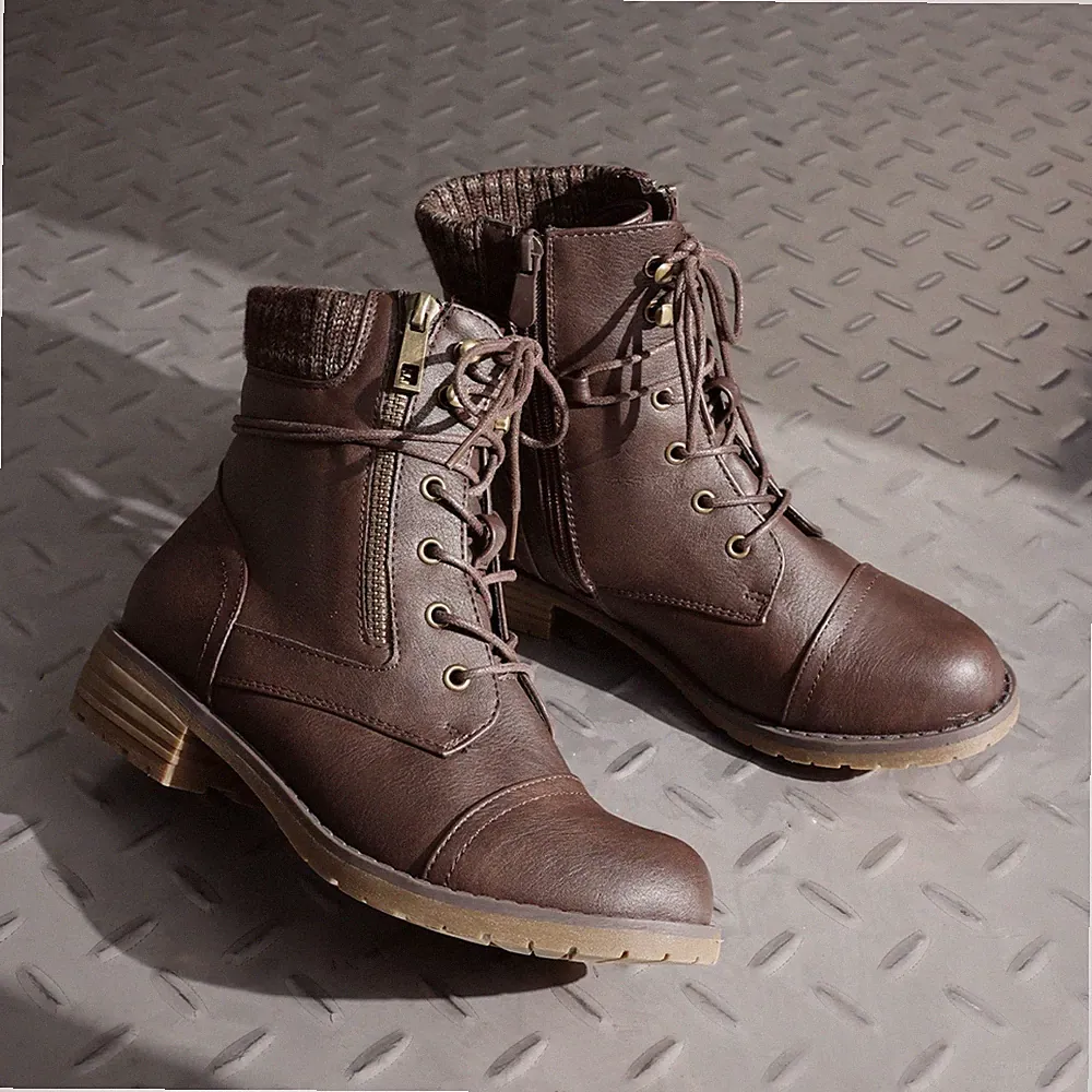 Womens Lace Up Combat Boots Low Heel Round Toe Ankle Boots Shoes