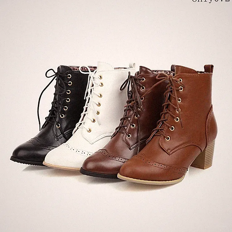 Womens Wing Tip Casual Ankle Boots Round Toe Lace Up Mid Block Heels Work Shoes
