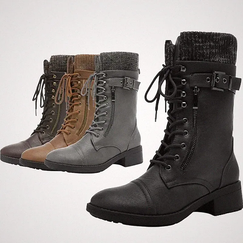Womens Winter Combat Boots Lace Up Mid Calf Warm Fur Lined Boots