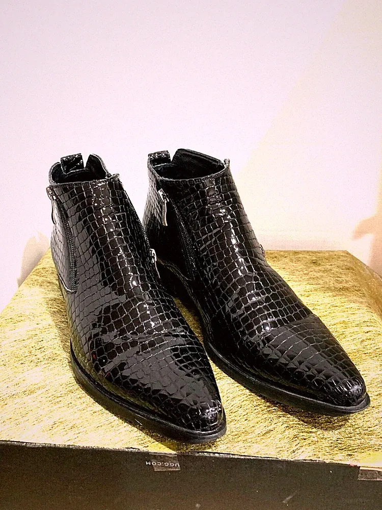 Woufo Men's Ankle Patent Leather Fashion Plaid Zip Pointed Toe Casual Boot SZ 10