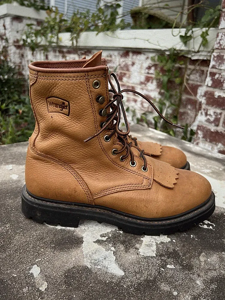 Wrangler DeWitt Tan Leather Western Roper Work Boots Mens Sz 8 Cowboy USA Kiltie