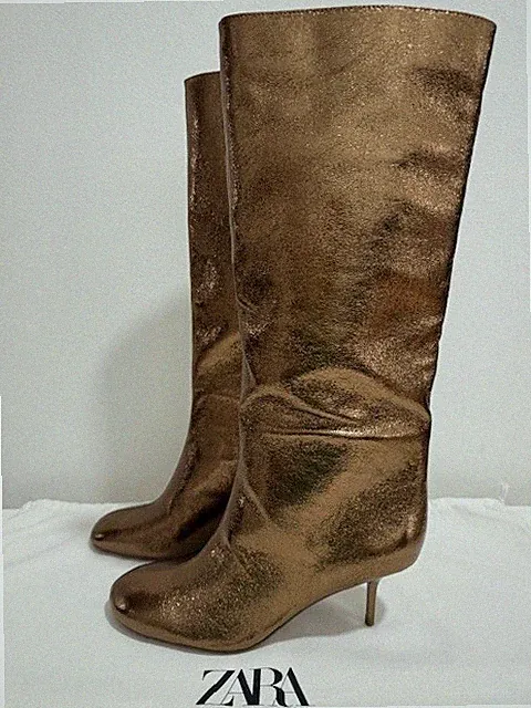 Zara Woman Metallic Kitten Heel Knee Boots Gold Bronze UK 5 6 Ref 2003/510